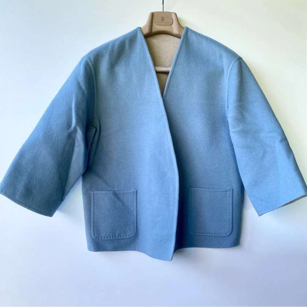 Max Mara Reversible Wool & Angora Short Wrap Coat, Blue & Gray, size It 42, US 6 - Picture 2 of 15